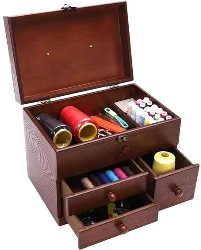 Nähkästchen aus Holz mit 3 Schubladen und Stauraum oben – 30 x 20,5 x 29 cm für Garnspulen, Sticksets, Quilt-Zubehör, leere Box