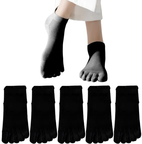 5 Paar Zehensocken Damen 35-42, Fünf Finger Socken Baumwolle Atmungsaktiv, Sneaker Socken mit Fersenlasche Rutschfeste, Kurz Socke Weiß Schwarz Grau, Sportsocken Alle Jahreszeiten (Schwarz, 35-42)