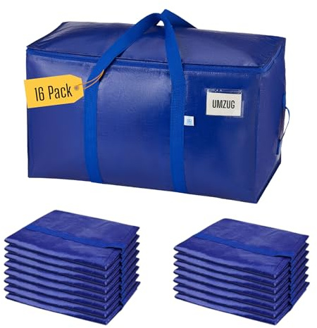 VENO 16er-Pack XXL Umzugstaschen, Stabile Aufbewahrungstasche mit Reißverschluss & Tragegriffen, Faltbare Alternative zu Umzugskartons, Kleideraufbewahrung für Umzug & Bettwäsche (Blau)
