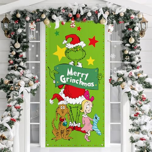 Grinchs Weihnachts Dekoration, Lustige Weihnachts Türverkleidung, Merry Grinchmas Veranda Schild für Innen Außen Dekoration, Urlaub Party Fotoautomaten Hintergrundbanner, Urlaub Party Szubehör