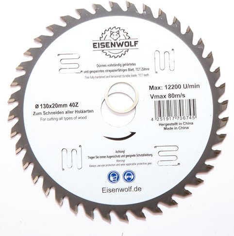 Eisenwolf 130 x 20 mm, lama per sega circolare per legno con 40 denti TCT inclinati e tagli laser per ridurre il rumore