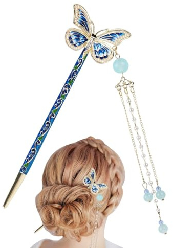 Chinesische Haarnadel – Quasten-Haarnadel, Chinesische -Haarnadel, Asiatischer Haarstab | Künstlerischer Fester Halt, Asiatischer Haarstab Mit Schmetterlings-Design, Elegante Teller-Haargabel, St