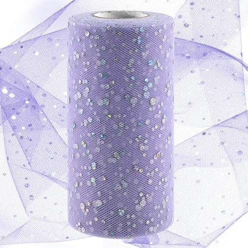 Swpeet Rotolo di tessuto di tulle glitterato viola chiaro, 15,2 cm x 45,4 m, bobina di tessuto di tulle scintillante, bobina di poliestere per fai da te, feste di compleanno, matrimoni, decorazioni