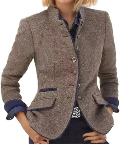 Blazer en Tweed à Simple Boutonnage rétro pour Femme Printemps et Automne Veste en Tweed à Revers Veste d'affaires élégante à Manches Longues et col Montant ajusté