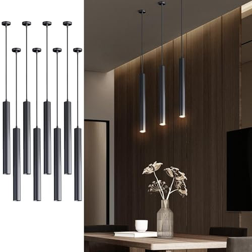 Hängelampe Schwarz 8 Stück, Pendelleuchte Schwarz für Esstisch Wohnzimmer & Schlafzimmer, Moderne COB-LED Zylinder Pendelleuchte Höhenverstellbar in Warmweiß, Blendschutz (10 Watt, L400*55MM, 8 Stück)