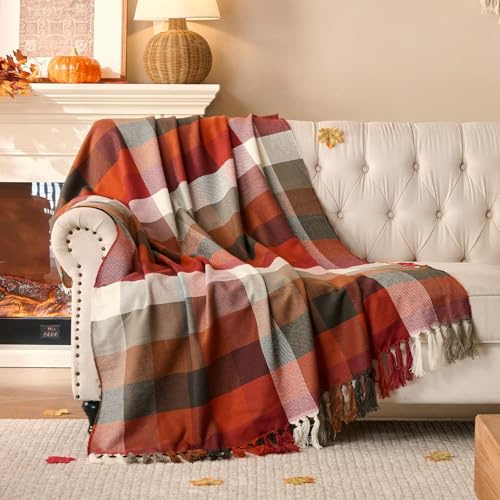 Lanpn Rust Plaid Throw Blanket, Cozy Soft Fall Fringe Blankets for Couch Sofa Bed, Lightweight Red Checkered Throws Acrylic Cashmere Like Shawl, Autumn Farmhouse Thanksgiving Home Decor Gift, 130x150