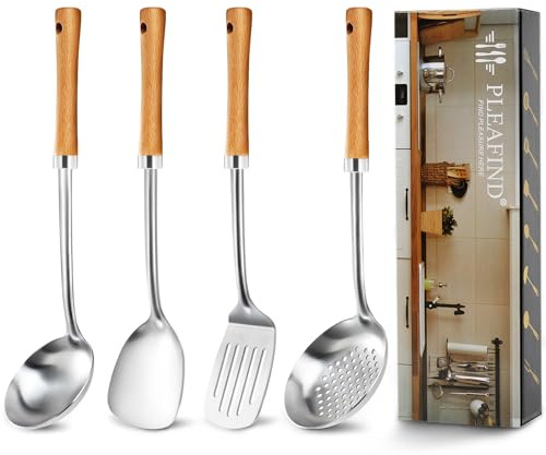Pleafind Cooking Utensils Set - Stainless Steel Kitchen Utensils Set with Wooden Handle, 4 Pcs Utensils Set Include Wok Ladle, Slotted Spoon, Wok Spatula and Slotted Spatula