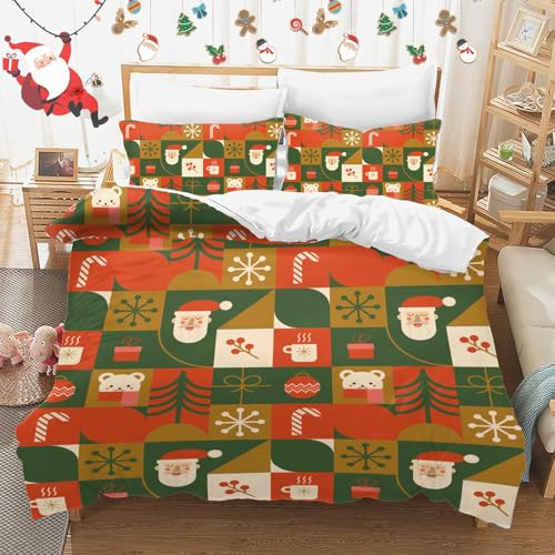 Literie de Noël,Père Noel et élan Bonhomme de Neige Rouge Housse de Couette,décoration de Noel,Ensemble de literie Douce avec Fermeture éclair (G, 220x240cm)
