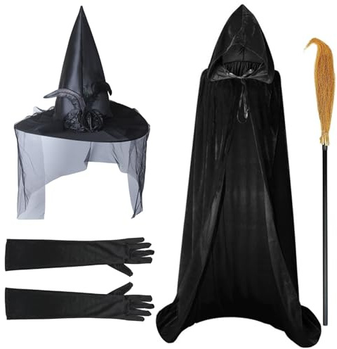 Satar Refes Witch Costumes for Women, Adult Halloween Costumes Witches with Witches Hat, Hooded Cape, Velvet Gloves, Broomstick Ladies Halloween Costume Accessories Party Fancy Dress Outfit