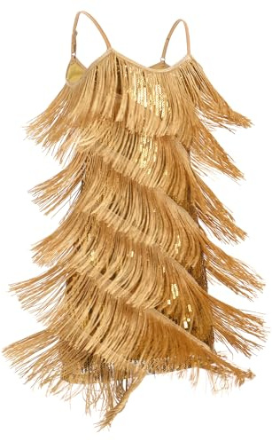 FYMNSI Vestito da Danza Latina per Ragazze Outfit da Ballo da Sala con Scollo a V Paillettes Scintillanti con Nappe e Frange Vestiti Abbigliamento da Danza, Oro, 10-11 Anni
