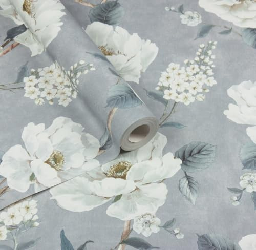 WPE® Arthouse Ashley Floral Wallpaper Roll – Light Blue Vintage Flower Design, 10m x 53cm – Elegant Wallpaper for Living Room, Bedroom, Hallway, Easy to Hang