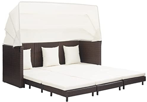 Balkonmöbel, Lounge Sofa, Gartenlounge Outdoor, Gartenlounge Balkon, Loungesofa, Ausziehbares 3 Sitzer Schlafsofa mit Dach Poly Rattan Braun Einfache Montage für Innen und Außenbereich, Hinterhof