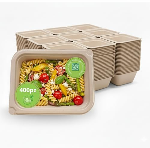 TreePack Vaschette per alimenti usa e getta monoporzione approvata Moca 400 pz, contenitori per alimenti compostabili per microonde, forno e freezer, Brevetto Easy Green da -20 a 200°C