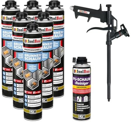 Isolbau - Brunnenschaum 1K Bauschaum Wasserdicht Aussen und Innen - 6 x Montageschaum 750 ml, 1 x PU-Schaum-Reiniger & 1 x Schaumpistole - PU-Schaum - Pistolenschaum Dämmschaum Isolierschaum