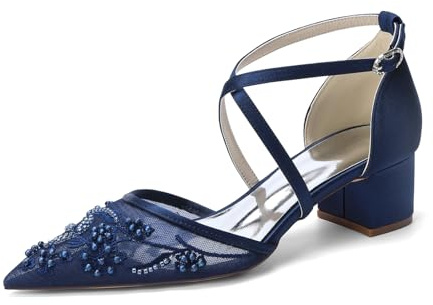 Genérico Zapatos de Novia Mujer con Encaje Mesh y satén 4,5cm tacón Bloque Punta Fina Tiras Cruzadas Adorno perles Cuero sintético Zapatos de Boda para Novia Damas de Honor