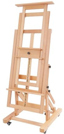 Profi Holz Staffelei 140-300cm höhenverstellbar mit Rollen – Easel Stand für Malerei und Zeichnen, Atelier, Kunstschule, Wohnzimmer, Massivholz, Natur, für Künstler und Schüler