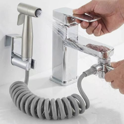 Bidet Attachment for Toilet UK, Handheld Bidet Sprayer System - Stainless Steel Muslim Shower Shattaf, Chrome Sink Faucet Diverter Adapter, Flexible Spiral Hose & Portable RV Travel Jet Douche Hygiene