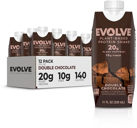 Evolve Plant Based Protein Shake, Double Chocolate, 20g Vegan Protein, Dairy Free, No Artificial Sweeteners, Non-GMO, 10g Fiber, 11 Fl Oz (Pack of 12) - (Formula May Vary)