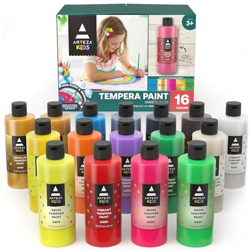 Arteza Kids Tempera Paint Set, 16 Rich, Non-Toxic Washable Colors, 400 ml, Art Supplies for Easter Egg, Finger, and Poster Painting