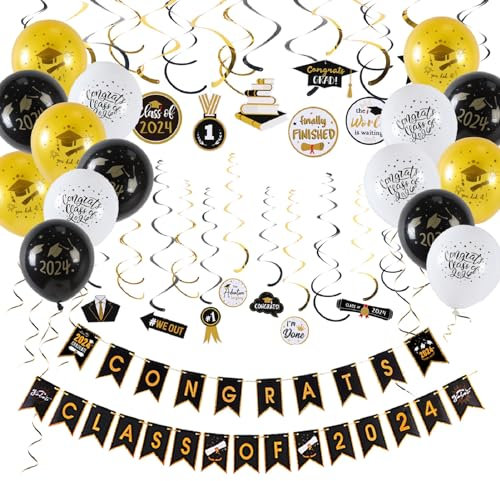 SUNBEAUTY Abschluss Deko Set 2024 Graduation Banners 30er Graduierung Spiralen Schwarz Gold 15 Luftballons