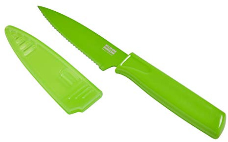 Kuhn Rikon COLORI Non-Stick Serrated Paring Knife with Safety Sheath, 4 inch/10.16 cm Blade, Green