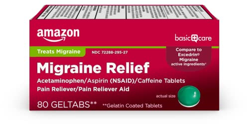 Amazon Basic Care Migraine Relief Geltabs, Pain Reliever, Acetaminophen 250 mg, Aspirin 250 mg (NSAID) and Caffeine 65 mg, Headache Relief, 80 Count