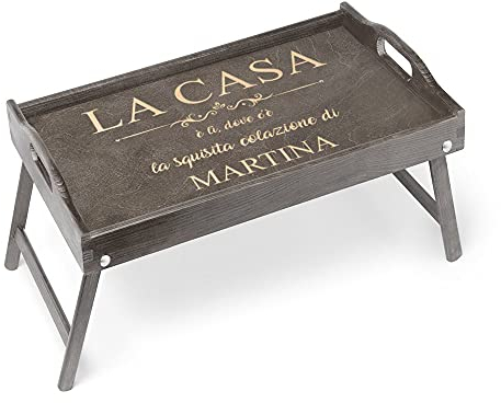 Maverton Vassoio da Colazione a Letto Personalizzato - Tavolino Pieghevole Grigio in Legno con Manici e Bordo Rialzato - Incisione Laser - Tavolo Multiuso 50 x 30 cm - regalo donna - Casa