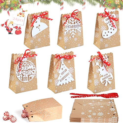 Weihnachten Geschenktüten, 24 Stück Adventskalender zum Befüllen, Papiertüten Weihnachtstüten Weihnachten Geschenktüten, GeschenktütenChristmas,Kraft Papier Geschenk Tüten für WeihnachtenParty (B)