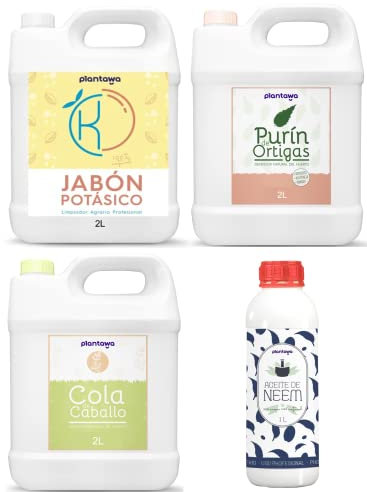 PLANTAWA Protección Total: Jabón Potásico 2L, Aceite de Neem 1L, Purín de Ortiga 2L, Cola de Caballo 2L | Solución Versátil | Fácil Aplicación | Cuidado Eficaz y Seguro