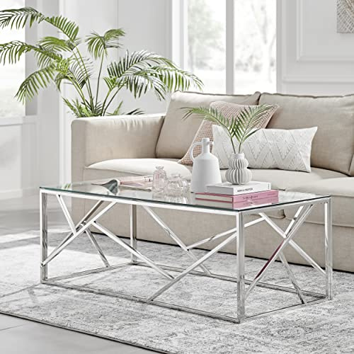 Furniturebox UK Coffee Table - Amalfi Silver Chrome Metal Table - Rectangular Clear Glass & Silver Metal Table - Abstract Pattern - A Modern Glam Coffee Table - Sleek, Chic, Bright & Airy