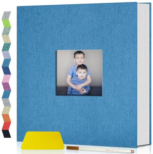 Popotop Fotoalbum selbstklebend mit Bildanzeigefenster, 60 Seiten DIY Scrapbook Album für 10x15 Bilder, Leineneinband Erinnerungsbuch für Baby Hochzeit, mit Scraper und Metallic Stift