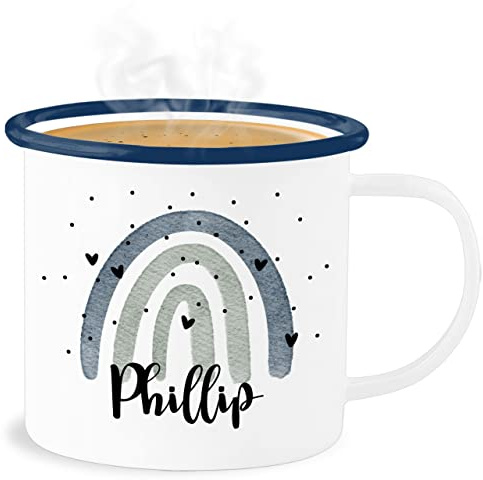 Emaille Becher Blechbecher - Boho - Regenbogen Name - 300 ml - Weiß Blau - trinktasse kinder bohemian rainbow tassen kaffeetasse individuell bedrucken tasse personalisierte geschenke schulkind