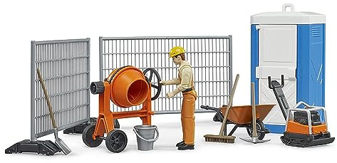 bruder 62008 - bworld Baustellenset mit Bauarbeiter | bworld Figur, 2 x Baustellenzaun mit Standfüßen, WC, Rüttelplatte, Mörtel Mischmaschine, Zubehör Baufahrzeuge