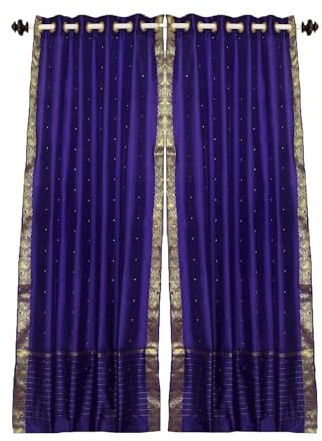 Handcrafted Purple Indian Sari Curtains, Tiebacks Included Lined Ring Top Sari Sheer Curtains, 80W x 84L, Privacy & Insulation for Living Rooms, Bedrooms, and Dining Rooms, Sold in Pairs