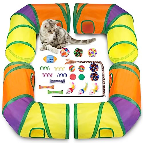 Retro Shaw 25Pcs Cat Toys, Extra Large Tunnels with Cats Toys, Ideal Indoor Interactive Kitten Toys, Kitty Tube Tent Feather Wand Teaser Balls Bell Crinkle Fuzzy Springs Mouse