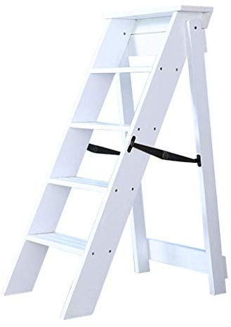Scaletta in Legno Sgabello Pieghevole, 5 Gradini, Scaffale per Scaletta Multifunzione, per Scaletta da Cucina/Ufficio/Biblioteca, Bianco