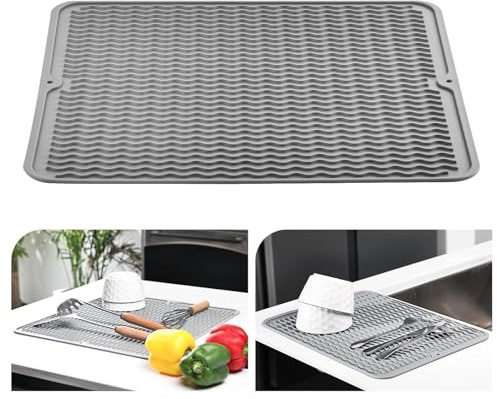 KitchenRaku Abtropfmatte 40x45cm , Geschirr aus Silikon hitzebeständiges rutschfestes Abtropfmatte Spüle,Spülmatte Abtropfunterlage,Tischset (Hellgrau)