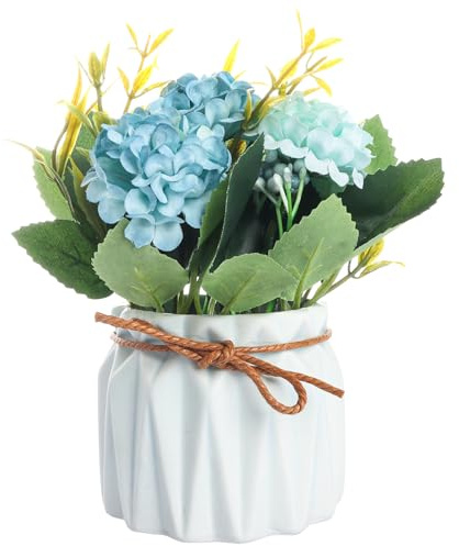 Fumwase Künstlicher Hortensienstrauß mit kleiner Keramikvase, künstliche Blumen, Mini-Hortensien, Dekoration, Innenbereich, für Zuhause, Büro, Tisch, Schlafzimmer, Wohnzimmer, Party (blau)