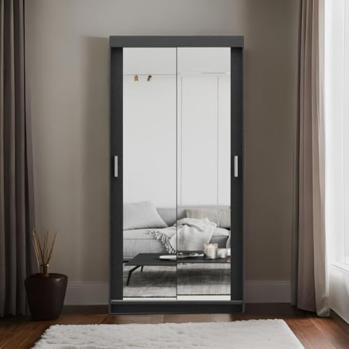 ELUKS Sky 100cm Double Mirror Sliding Door Wardrobe Optional Drawers 2 Hanging Rail White/Black/Sonoma/Grey (Black/No drawers)