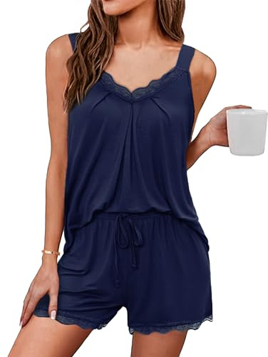 Uniexcosm Pyjama Court Femme Coton Col V et Bretelles Dentelle | Ensembles pyjama court femme en coton extensible avec finitions en dentelle pour dormir et se détendre à la maison