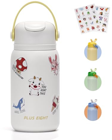 pluseight Edelstahl Trinkflasche, 450 ml Kinder Wasserflasche mit Aufklebern, 18/8 Edelstahl Leck Beweis Kinder Tassen mit Stroh für Schulreise Jungen Mädchen ﻿ (Weiß)