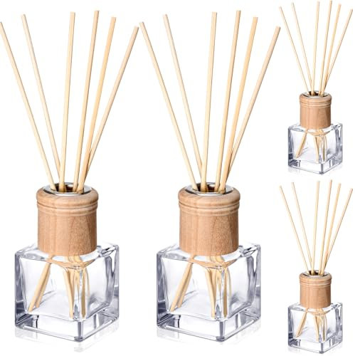 Roshtia 4 Set Reed Diffuser Bottle Empty Refillable Fragrance Glass Diffuser Bottles with Wooden Caps Rattan Sticks 50ml 1.7 oz Glass Jars for DIY Fragrance