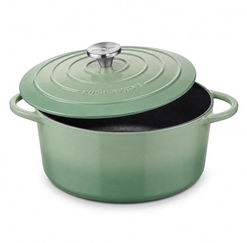 Küchenprofi Cocotte en fonte avec couvercle rond, jade, 26 cm, cocotte, plat à grain, four hollandais, marmite émaillée, pour tous les types de feux (y compris induction), pour mijoter, cuire au four,