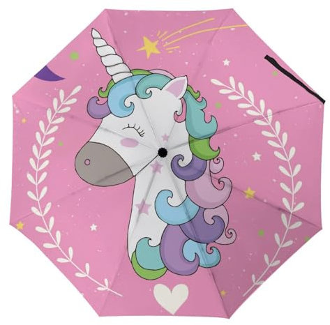 YBQLNP Automatischer Regenschirm Niedliches Einhorn Taschenschirm Winddicht Sturmfest Für Herren Damen Teenager