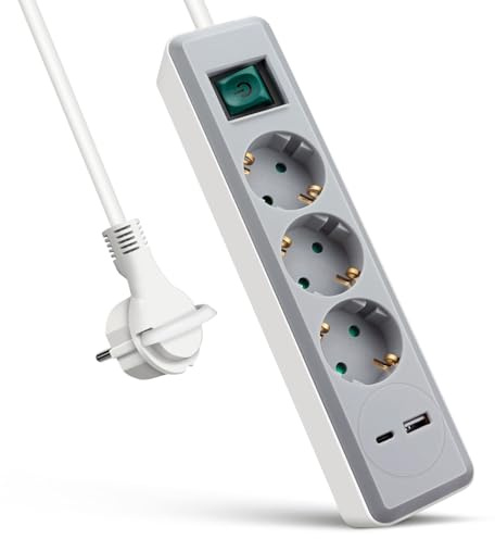 EXTRASTAR Regleta Enchufe con 3 Tomas y 2 Puertos de USB（USB A+USB C）, MAX.PD20W， Alargador Enchufe con Interruptor, 1.5 m, para El Hogar, La Oficina y Los Viajes，Blanco+Gris