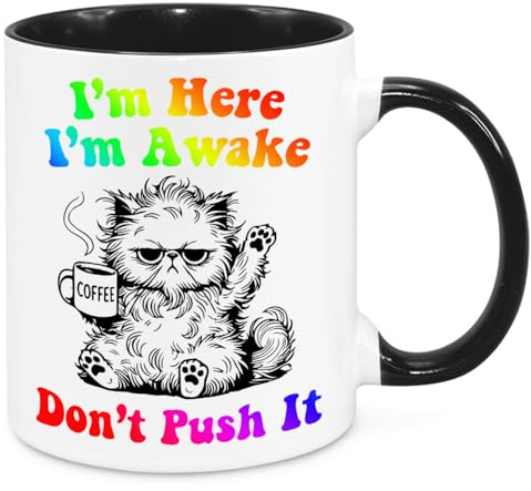 Cherish Charlie Designs I'm Here Mug - Funny Novelty Gift Silly Present Mug Birthday Christmas for Mum Dad Friend Sister Brother Grandparents for Man Woman Secret Santa Work Quotes(Rainbow)