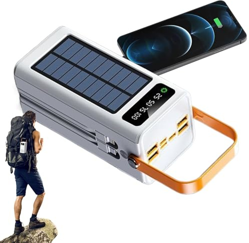 Solar Battery Bank, Power Pack, 3.94x1.97 Inches 50000mAh Survival Gear with Built-in Cables 4 Outputs 3 Inputs Light, Multi-Device Charger for Camping Hiking Fishing Road Trips