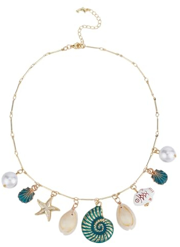 OLYCRAFT - Collar de concha con estrella de mar con perlas y abalorios de latón y océano mar, colgante de collar bohemio, verano, playa, collares, joyas, concha para mujeres, vacaciones, verano, playa
