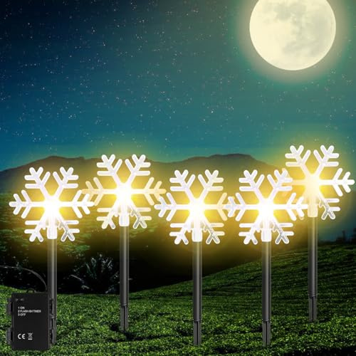 5 Stück LED Schneeflocken Weihnachtsbeleuchtung Außen Batteriebetrieb, Außenbeleuchtung Weihnachten Warmes Licht, Weihnachtsdeko Aussen für Garten/Bäume/Außen/Terrasse