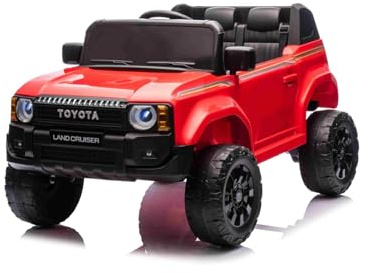 Beneo Motors Kinder Elektroauto 12V Toyota Landcruiser Rot, Lizenziertes Kinderfahrzeug mit breitem Sitz, 2x25W Motor, LED-Lichter, Lithium-Batterie, USB/AUX & Bluetooth, 2,4 GHz Fernbedienung